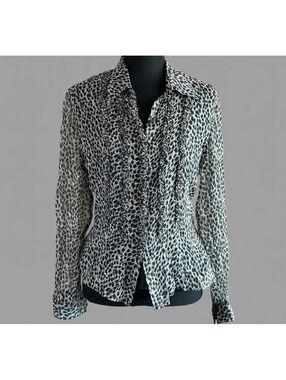 Vintage Vision Apparel Boho Chic Silk Blouse Black Leopard Print Ruffles PM